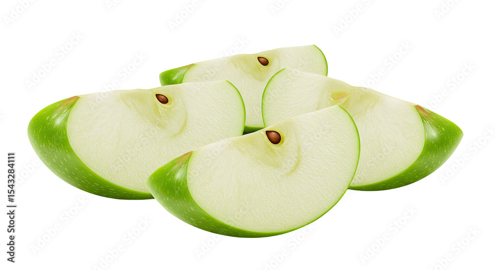 Poster close-up of green apple slices isolated on a black background with seeds