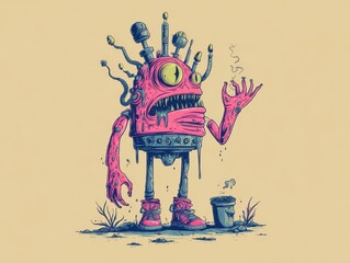 Pink, grotesque robot figure with a smoking object.