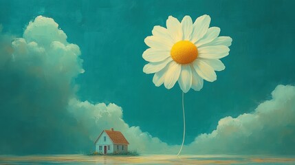Dreamy turquoise landscape with floating daisy over small cottage whimsical oil painting scenery