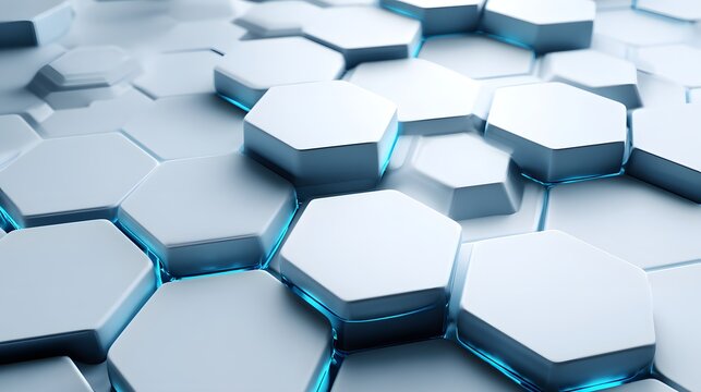 Geometric abstract background 3D hexagonal tile high tech digital design shadow depth top down perspective perfect futuristic UI concept custom white blue gradient background cut out isolated