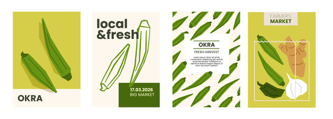 Fresh okra illustration. Simple posters with  vegetable for farmers market advertising. Vector templates with copyspace. Set of harvested veggies in minimal hand drawn and flat style.