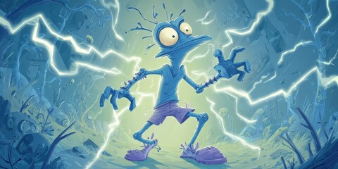 A strange, electric creature amidst a ruined landscape.