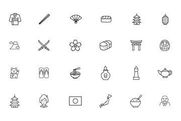 Japanese culture line icon set. Traditional symbols, food, architecture, and lifestyle elements
