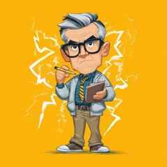 Thoughtful cartoon character in a light-colored jacket.