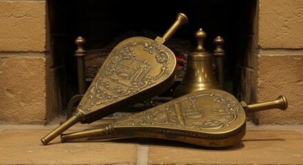 Ornate Brass Bellows Resting on Fireplace Hearth