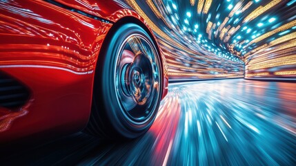 Dynamic blurred motion of a modern red sports car driving rapidly inside a vibrant abstract tunnel