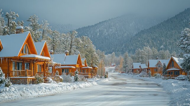 Snow-covered wooden cabins line a quiet mountain road - Powered by Adobe