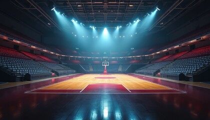 Empty basketball arena with flashlights, fan seats. Indoor sports stadium with parquet court, backboard, hoops. Sport tournament competition venue, ready for game, match. Modern sport hall for