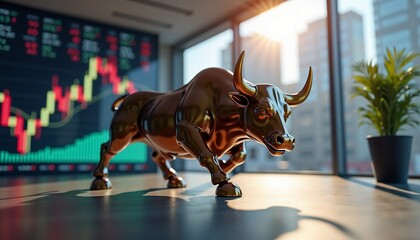 Golden bull statue in a modern trading room with financial charts, symbolizing bullish market sentiment and optimism