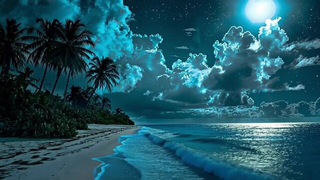 Majestic moonlit beach with glistening waves under starry night sky