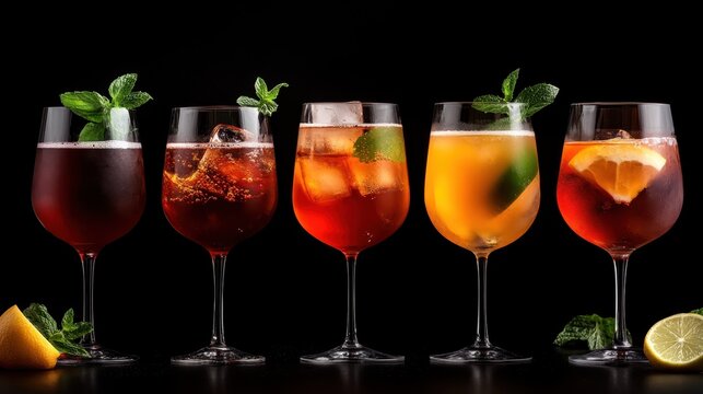 An enticing array of cocktails in elegant glasses showcases various colors and ingredients, highlighted by refreshing mint leaves, perfect for summer gatherings or parties.