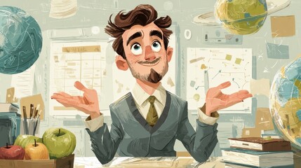 Man in a suit, surrounded by globes and school supplies, looks thoughtfully up.