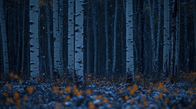 Snowy twilight in an aspen grove, orange ground cover visible - Powered by Adobe