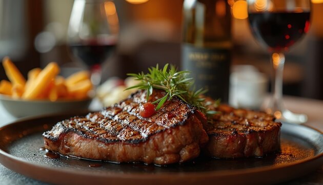 Delicious grilled steak dinner with side dishes wine served in elegant restaurant. Food meal with beef, vegetables, wine glasses. Perfect luxury dish for holiday celebrations, restaurant menu design.