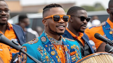 A man in a blue suit with orange accents and sunglasses is playing a drum.