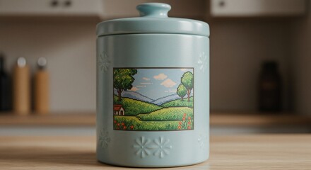 Pastel Blue Ceramic Jar with Pixelated Landscape Design