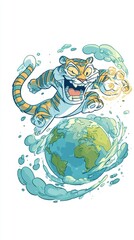A tiger character leaps above the earth, surrounded by energy and motion.