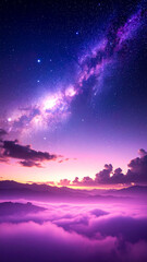 Fototapeta premium Purple Sky Dreamscape: Majestic dreamscape featuring a view above the clouds with a vibrant purple sky, stars, and the milky way.