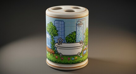 Pixelated Bathroom Scene Toothbrush Holder