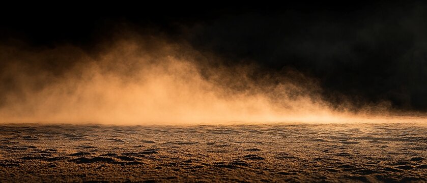 Misty sunrise over rocky terrain with ethereal light and shadow play