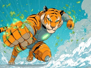 Energetic tiger in futuristic armor.