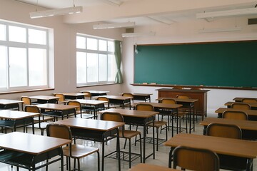 Empty Classroom:  School Desks, Chairs, and Blackboard - Educational Setting