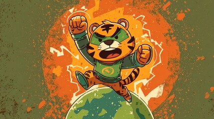A tiger character in a superhero pose on a planet.