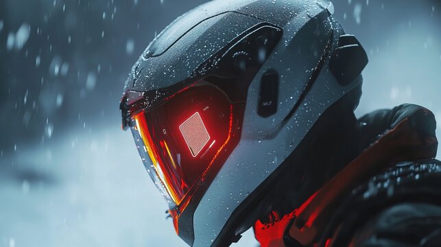 A cinematic close-up of a riders smart helmet displaying AI weather alerts for upcoming rain zones
