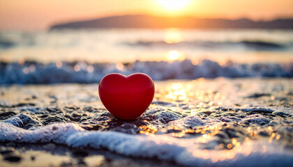 Eternal Heart on the Shore: A single heart rests serenely upon the sandy shore, as gentle waves caress its form and a radiant sunrise paints the sky, evoking sentiments of love and tranquility.