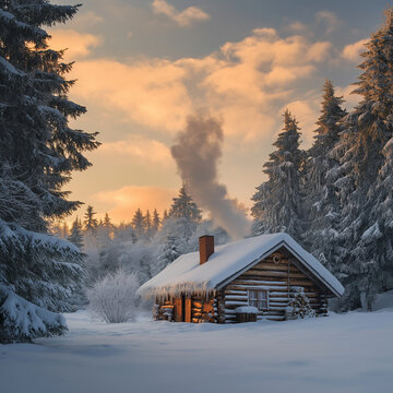 Snow-covered cottage in pine forest with smoke rising from chimne