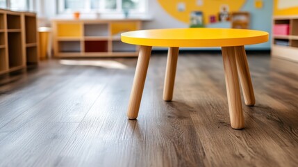 A vibrant children's table in a playful classroom environment, showcasing the inviting design and bright colors that stimulate creativity and joy among young learners in an educational space.