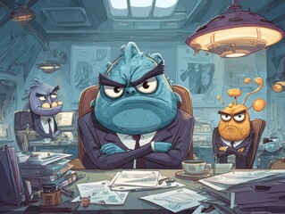 Office meeting of grumpy cartoon creatures.