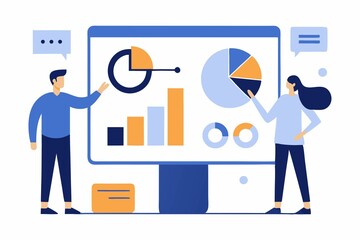 Data Analysis Presentation A man and woman present business data charts and graphs on a large computer monitor screen