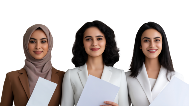 Middle eastern Turkish businesswomen holding documents image isolated transparent. Corporate arab females empowerment cut out photo png. Company entrepreneurs cutout photography - Powered by Adobe