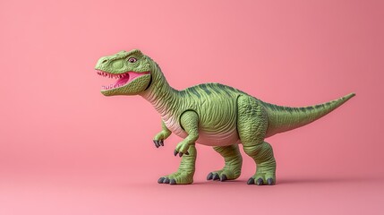 Obraz premium Majestic green dinosaur toy on soft pink backdrop creates appealing mood perfect for kids products