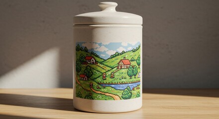 Pixelated Village Scene on Ceramic Jar with Lid