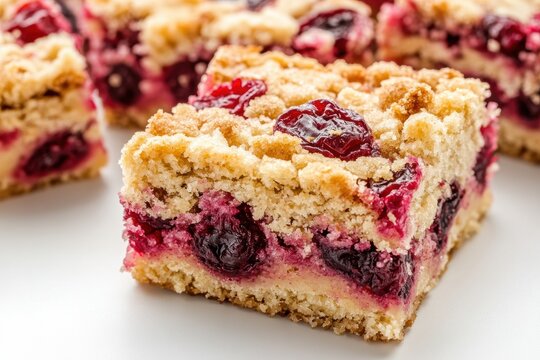 Top view of square cherry crumb cake with golden crust and juicy whole cherries. Crumbly texture and vibrant berry layers. Freshly baked homemade dessert on white background. Close-up. Banner. - Powered by Adobe