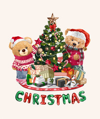 Christmas slogan with bear doll couple decorating Christmas tree vector illustration