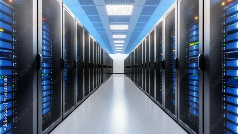 Poster Server Room Interior: A futuristic perspective of a data center hallway, showcasing rows of servers and racks, illuminated by neon lights. Perfect for illustrating data storage, processing.