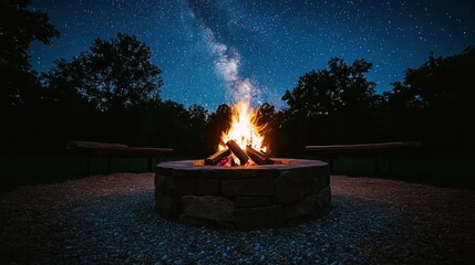 Starry night campfire scene with stone fire pit