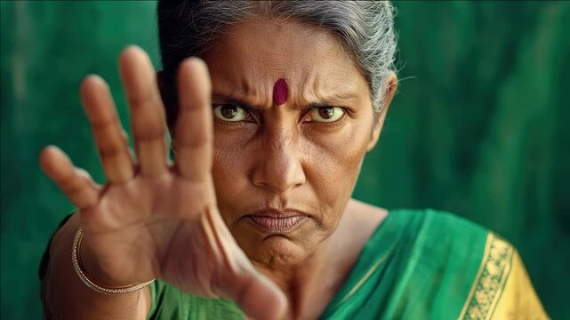 Strong-willed female gesturing dismissal or command.