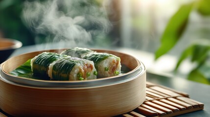 A delicious plate of steamed sushi rolls wrapped in green leaves, showcasing fresh ingredients and culinary creativity in an inviting, warm setting.