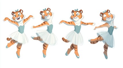 Three dancing tiger ballerinas in various poses.