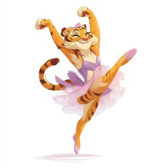 A playful tiger, in a tutu, gracefully leaping in a ballet pose.
