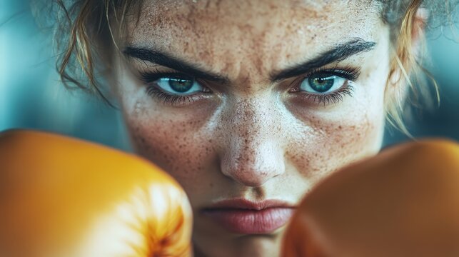 A close-up of a determined boxer in orange gloves, showcasing intense focus and fierce determination, emphasizing the spirit of competition and athleticism. - Powered by Adobe