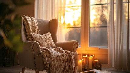 Softly lit reading corner with a vintage armchair and soft throw. .
