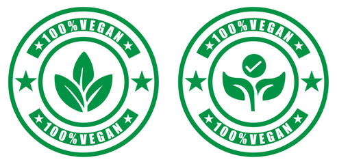 Two green vegan labels with leaves and stars indicating a product is one hundred percent vegan. Vegan label badge with clean design. Product label with vegan text and stars