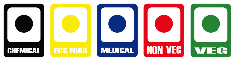 A set of five colorful icons indicating chemical egg food medical non veg and veg products labels signs. Color labels for product classification. Five labels for identifying product types