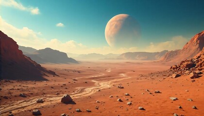  Martian desert landscape with rocky terrain and warm sunlight