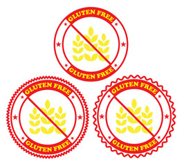 Three gluten free seals with red circles and yellow wheat on a white isolated background image. Gluten free badges with bold icons. No gluten symbols for dietary tags